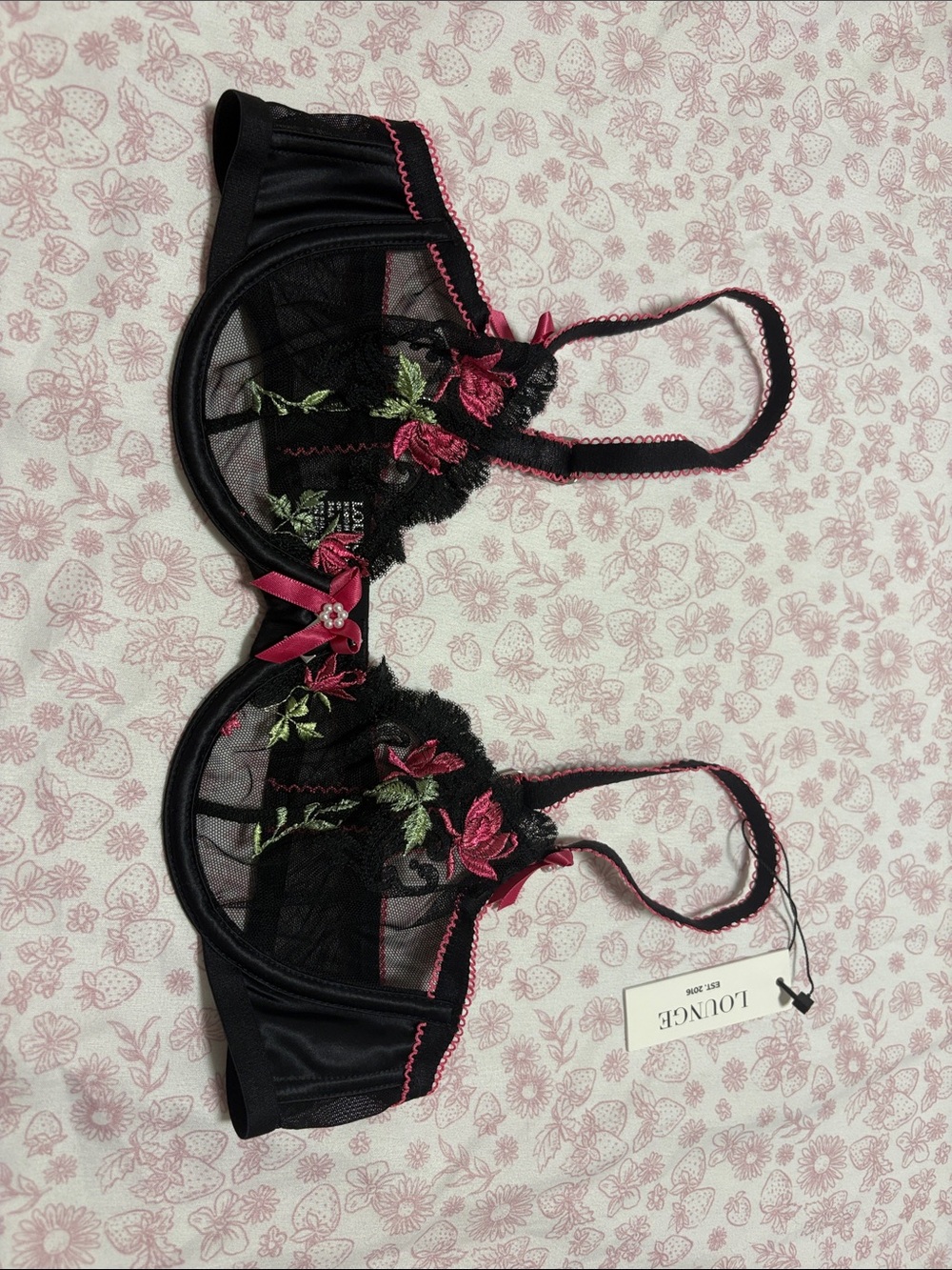 Black & Pink Floral Embroidered Underwire Bra by Lounge